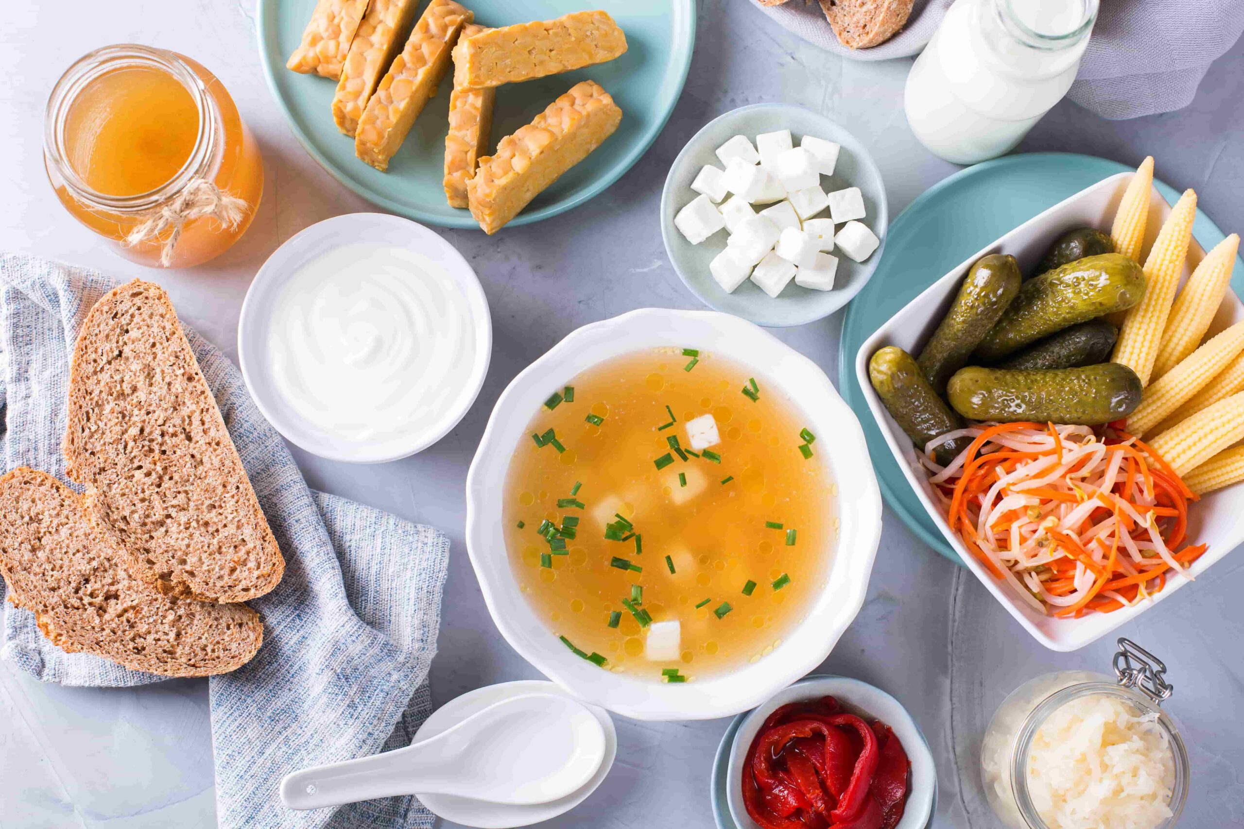 Gut health, a variety of foods for a healthy gut.